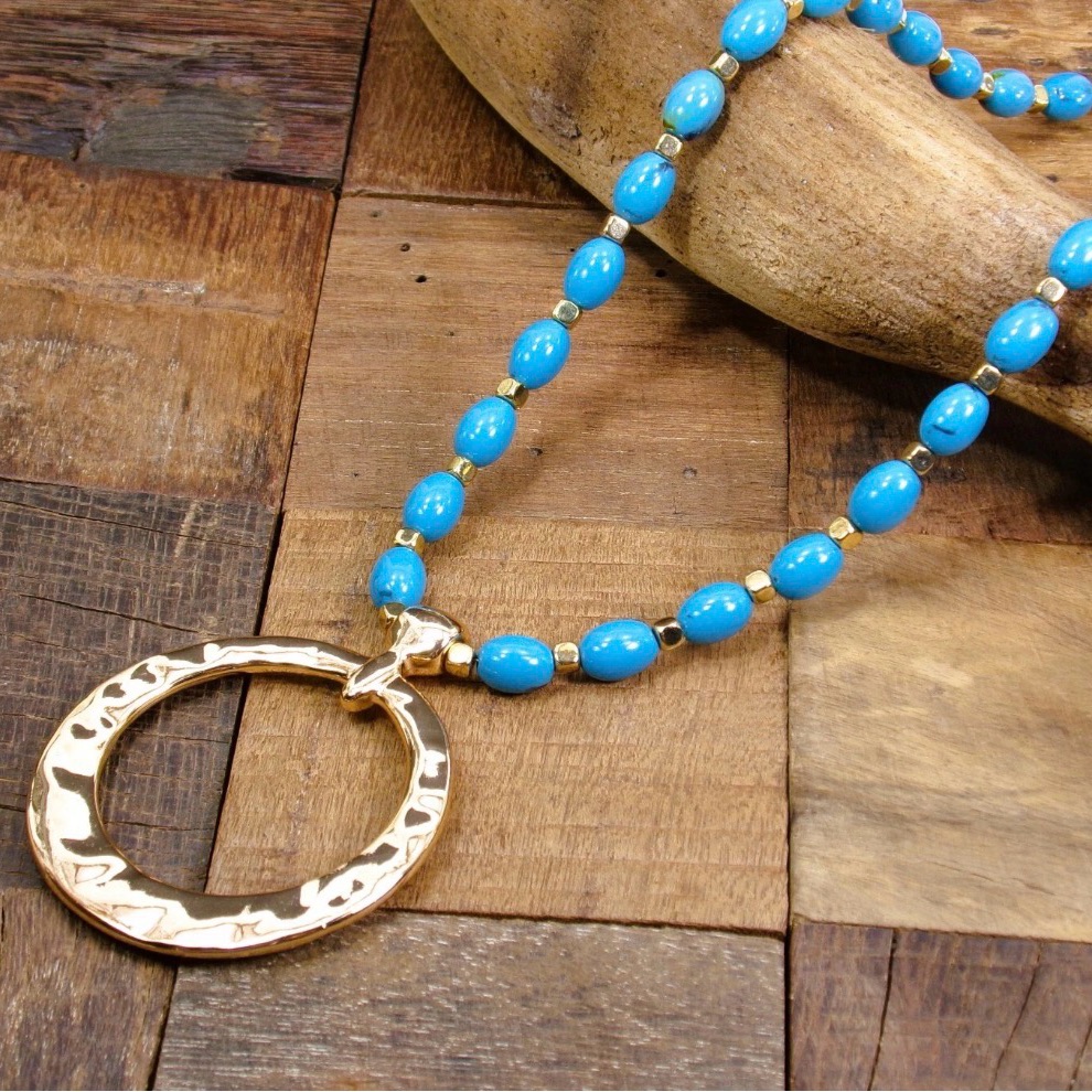 Large Round Gold Metal Disk Pendant Necklace With Turquoise Beads And Gold Beads 20$